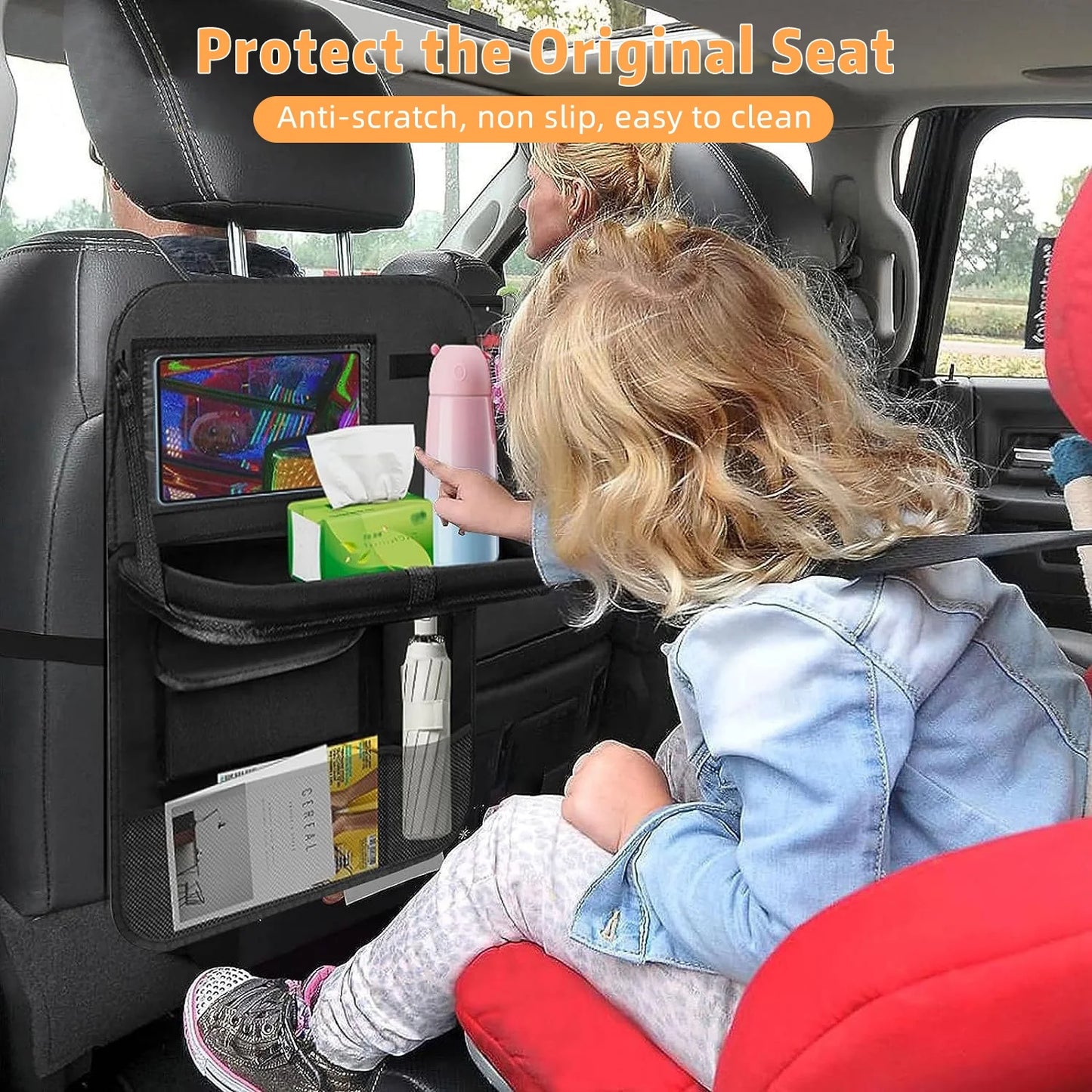 All in One Backseat Car Organizer with Tablet Holder, Compatible with 99% of Cars, Trucks, and Suvs. Multiple Pockets Car Storage Organizer for Toys, Snacks, and More