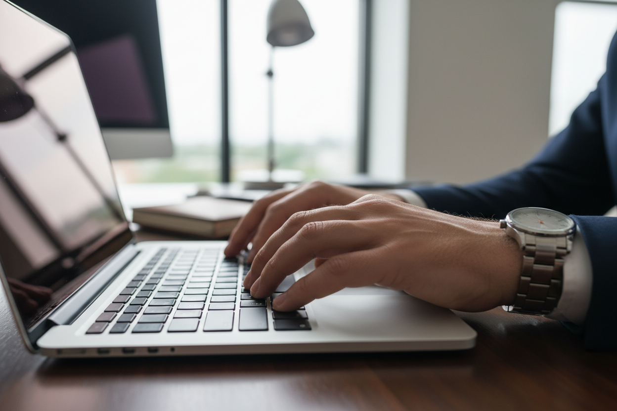 image of a mans hands typing on a laptop